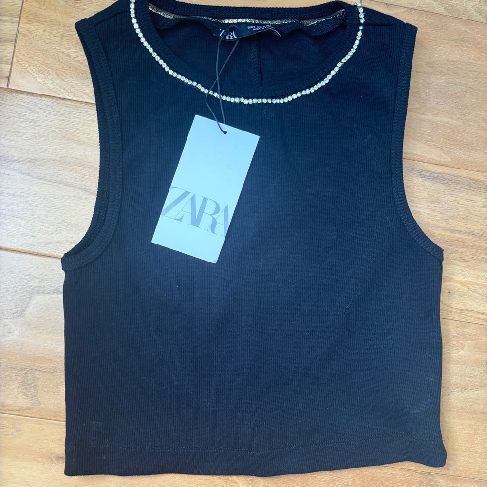NWT Zara cropped ‘shiny appliqué top’ ribbed tank sleeveless rhinestone black xs